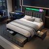 Polsterbett 180x200 cm mit 4 Schubladen, LED-Beleuchtung, USB/Type-C Ladeanschluss, Baumwoll-Leinen,Grau Bild 2