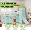 Hochbett Kinder 90x200 cm mit Rutsche Kinderbett Kinderhochbett Stockbett Vorhang Turm Grün Bild 4