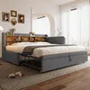 Stauraumbett mit Lattenrost, Regal, USB und Type-C Anschluss, 90x200cm/180x200cm, Liegefläche erweiterbar, Einzelbett, Polsterbett, Leinen Bild 3
