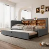 Stauraumbett mit Lattenrost, Regal, USB und Type-C Anschluss, 90x200cm/180x200cm, Liegefläche erweiterbar, Einzelbett, Polsterbett, Leinen Bild 2