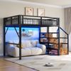 Hochbett mit RGB LED-Streifen, Lattenrost, Treppe, Regal, Rausfallschutz, 140x200cm, Kinderbett, Metallbett, Jugendbett Bild 3