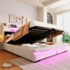Merax Polsterbett, Doppelbett 160x200cm, mit UsB c steckdose Ladefunktion, Mit LED-Leuch, Kopfteil mit Staufach, Hydraulisch Stauraumbett, Beige Bild 3