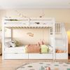 Etagenbett 90×200 cm mit hohem Rausfallschutz, Treppenregal und 2 Schubladen, Weiß, ohne Matratze Bild 2