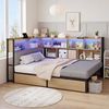 Merax Doppelbett, Polsterbett, Daybett, Schlafsofa, 140x200cm, mit LED-Beleuchtung, USB&Typec-Ladestation, Tagesbett, Jugendbett mit 2 Schubladen und Lattenrost aus Metall, Kopfteil mit Stauraum, naturfarbe Bild 2