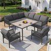 KLAM HOME Gartenlounge-Set Halbmond-Gartenlounge-Set 8 Personen, Eisengestell, graue Polster, (Outdoor Sofa Set mit Holzimitat-Glastisch & 2 geflochtenen Sesseln), Gartenmöbel-Set L-Form wetterfest für Garten, Terrasse & Balkon Bild 4