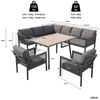 KLAM HOME Gartenlounge-Set Halbmond-Gartenlounge-Set 8 Personen, Eisengestell, graue Polster, (Outdoor Sofa Set mit Holzimitat-Glastisch & 2 geflochtenen Sesseln), Gartenmöbel-Set L-Form wetterfest für Garten, Terrasse & Balkon Bild 3