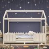 Bett 90x200 cm Hausbett mit Dach und Rausfallschutz – weißes Kinderhaus aus Kiefernholz mit Lattenrost Bild 3