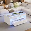 Couchtisch mit Glasplatte, LED-Beleuchtung & 2 Schubladen, 100x50x40 cm, Weiß Bild 4