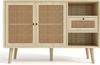 Sideboard 120x40x80 cm, Eiche-Optik mit Rattan-Details, 1 Schublade & 2 magnetische Türen, verstellbare Einlegeböden，Eiche Bild 5