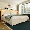 Polsterbett Leinen mit LED, USB-Anschluss & Stauraum, 160x200 cm, Beige, ohne Matratze Bild 3