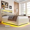 Polsterbett 90×200 cm mit hydraulischem Bettkasten, LED, USB-C und Ablagefach, Beige, ohne Matratze Bild 3