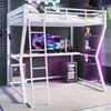 Hochbett mit Schreibtisch und LED-Beleuchtung (140x200 cm) Kinderbett mit Rausfallschutz, Metallbett Bild 3