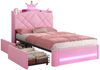 MSMASK Kinderbett im Kronen-Design mit LED-Beleuchtung, Ladestation und 2 Schubladen (Ohne Matratze), Polsterbett Jugendbett Prinzessinnenbett 90x200 cm Bild 3