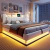 Smartes Polsterbett 180 x 200 cm mit LED-Beleuchtung, USB- und hydraulischem Stauraum, weichem Samtbezug und Metallrahmen, Beige Bild 2