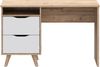 Forte VANKKA Schreibtisch 120, Skandi Schreibtisch mit 2 Schubladen, offenen Fach und filigranen Möbelbeinen, Holzwerkstoff, Planked Eiche Holzdekor, 119,7 cm breit x 75 cm hoch x 52,7 cm tief Bild 2