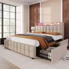 Einzelbett 160 × 200 cm mit Steckdosen,USB-Anschlüssen und LED-Beleuchtung,4 Schubladen,Leinenbezug in Beige Bild 3