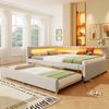 Merax Daybett Polsterbett 140x200cm mit Ausziehbarem Bett, Schlafsofa Tagesbett mit Ladefunkion & LED, Jugendbett Doppelbett, Leinen, Beige Bild 3