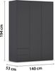 rauch Kleiderschrank Nabila, Drehtürenschrank, Garderobenschrank, 3-türig, 2 Schubkästen, mit 1 Kleiderstange und 3 Einlegeböden, Farbe Grau metallic, Schwarz, mit Push-to-Open Funktion, 140x194x53cm Bild 4
