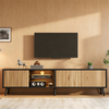 Merax 175cm LED-TV-Schrank für das Wohnzimmer, Naturholzfarbe + Schwarz, lowboard mit 6 Stützbeinen, Schrank aus gehärtetem Glas, 3 Schränke für viel Stauraum, Geeignet für 75-Zoll Bild 2