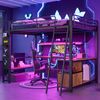Hochbett, 140 x 200 cm, Eisenrahmen, mit LED-Lichtleiste, Schreibtisch, Stauraum, mehreren Regalen, Lochwand, USB-Anschluss, ohne Matratze, Schwarz Bild 5
