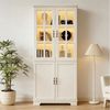 MODFU Vitrine Hochschrank 80x38x180 cm, Weiß, Landhaus-Stil mit LED-Beleuchtung (Packung, 1-St, 2 Glastüren & 2 Volltüren, 5 Etagen) Bücherregal & Vitrinenschrank für Wohnzimmer & Küche Bild 3