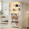 MODFU Vitrine Hochschrank 80x38x180 cm, Weiß, Landhaus-Stil mit LED-Beleuchtung (Packung, 1-St, 2 Glastüren & 2 Volltüren, 5 Etagen) Bücherregal & Vitrinenschrank für Wohnzimmer & Küche Bild 4