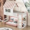 Hausbett 90x200 cm mit Dach und Sicherheitsgitter – Massivholz Kinderbett,Weiß & Rosa, Lattenrost 25 Leisten Bild 2