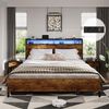 MSMASK Bett mit LED Beleuchtung, Steckdose & USB-Ladefunktion sowie Stauraum (Ohne Matratze), 160x200 cm Doppelbett in Braun mit Holzkopfteil Bild 4