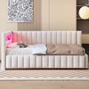 Merax Polsterbett Schlafsofa 140x200, Gepolstertes aus Samtstoff mit LED-Licht und USB-Ladeanschluss, mit Rückenlehne, Kopfteil und stabilem Bettrahmen, Beige Bild 2