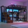 Merax Hochbett, 140 x 200 cm, Kinderbett mit Lagerregal, Hängendes Gitter, LED-Lichtleiste, Schreibtisch, Treppenkonstruktionen mit Stauraum,mit 2 USB-Anschlüssen und 1 Typ-C-Buchse, Schwarz Bild 2