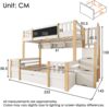 Etagenbett für 3 Kinder, mit Kreidetafel Stauraum-Treppe 2 Schubladen Leiterschrank stabiles Hochbett Stockbett Jugendbett, Massivholz, Weiß Natur, 90 x 200 & 140 x 200 cm Bild 2
