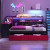 Merax Einzelbett, Holzbett, Schlafsofa 90 x 200 cm, Mit Schreibtisch, Bücherregal, Staufächern und Regalen, Mit integrierter Beleuchtung und Steckdosen, Schubladen, Schwarz + Rot Bild 5