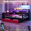 Merax Einzelbett, Holzbett, Schlafsofa 90 x 200 cm, Mit Schreibtisch, Bücherregal, Staufächern und Regalen, Mit integrierter Beleuchtung und Steckdosen, Schubladen, Schwarz + Rot Bild 2