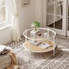 GarveeMore Beistelltisch Runder 2-stöckiger aus Rattan,Boho-Couchtisch für Wohnzimmer und Büro, runder Beistelltisch mit Glasplatte in Wellenform und Metallgestell Bild 3