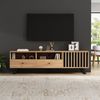 TV-Schrank 150 cm mit Holzmaserung in Natur & Schwarz – Fernsehschrank mit 2 Schubladen, 1 Schrank & offenen Fächern Bild 4