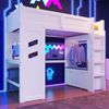 Merax Hochbett, 90x200cm, Kinderbett Einzelbett Gaming Bett mit Schreibtisch, Mit LED-Leuchten, 1 USB, 1 Typ-C ausgestattet, Leiter, Schreibtisch, Schublade, Wäscheständer, Weiß Bild 3
