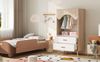 Merax Kinderkleiderschrank, Kleiderschrank mit Kleiderstange, mit Schubladen, offener Kleiderschrank, Vollholzgriffen, aus Spanplatte, weiß+natürliches Holz Bild 5