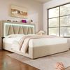 Polsterbett 140x200 cm mit LED-Beleuchtung, USB-C-Ladefunktion und höhenverstellbarem Kopfteil, Leinenbezug, Stauraum，Beige Bild 4