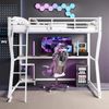 Hochbett 90×200 cm,Metallrahmen & MDF – LED-Lichtleiste, Computerablage mit Steckdose/USB, Schreibtisch, Geländer & Treppe – Weiß Bild 4
