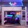 Hochbett,140*200cm , Gaming Bett mit Schreibtisch, Mit LED-Leuchten, Schreibtisch,Schublade, Regale, ohne Matratze, Weiß Bild 3