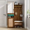 Garderobenschrank Set mit Spiegel, LED 16 Farben, Rattan-Optik Türen, Walnuss Design, Flurmöbel mit Sitzbank und Stauraum Bild 4