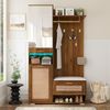 Garderobenschrank Set mit Spiegel, LED 16 Farben, Rattan-Optik Türen, Walnuss Design, Flurmöbel mit Sitzbank und Stauraum Bild 2