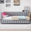 Polsterbett Schlafsofa 140x200, Gepolstertes aus Samtstoff mit LED-Licht und USB-Ladeanschluss, mit Rückenlehne, Kopfteil und stabilem Bettrahmen Grau Bild 2