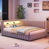 Polsterbett Schlafsofa 140x200, Gepolstertes aus Samtstoff mit LED-Licht und USB-Ladeanschluss, mit Rückenlehne, Kopfteil und stabilem Bettrahmen Grau Bild 3