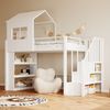 STILVORA Hochbett 90×200 mit Matratze Kinderbett mit Stauraumregal und sichere Treppe (Eisenhochbett mit Hausdesign, hohes Schutzgitter, unter dem Bett bietet Platz für großes Spielzeug) Treppe auf der linken oder rechten Seite Bild 3
