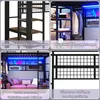 Hochbett mit Regal, LED-Beleuchtung, Kleiderstange, Wandgitter, Leiter, Rausfallschutz, 90x200cm, Kinderbett, Metallbett Bild 5
