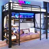 Hochbett mit Regal, LED-Beleuchtung, Kleiderstange, Wandgitter, Leiter, Rausfallschutz, 90x200cm, Kinderbett, Metallbett Bild 3