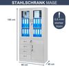 Vitrinenschrank abschließbar WIOLA - mit Schubladen| Büroschrank aus Stahl Aktenschrank mit Glasfenster Metallschrank Mehrzweckschrank, 185x90x40cm Grau Bild 2