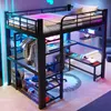 Hochbett mit Schreibtisch, LED-Streifen, Lattenrost, Leiter, Regalen, Wandgitter, Rausfallschutz und Kleiderstange, 140x200 cm, Kinderbett, Metallbett Bild 3