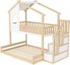 Etagenbett aus Kiefernholz, Hausform mit Stauraumleiter, 90x200 cm+140x200 cm, Natural+Weiß, ohne Matratze Bild 5